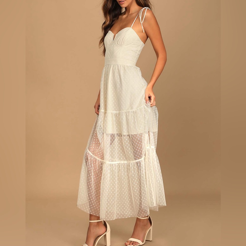 Lulus Romantic Spot Cream Polka Dot Mesh Tiered Midi Dress